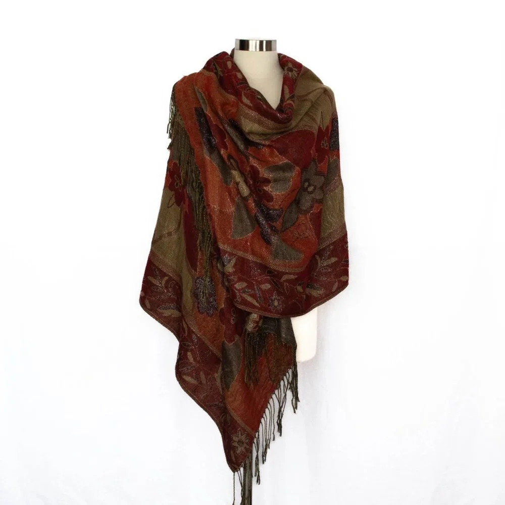 Hand-Woven Double-Sided Wrap Shawl w Floral Design & Sparkly Silver Tread Accent